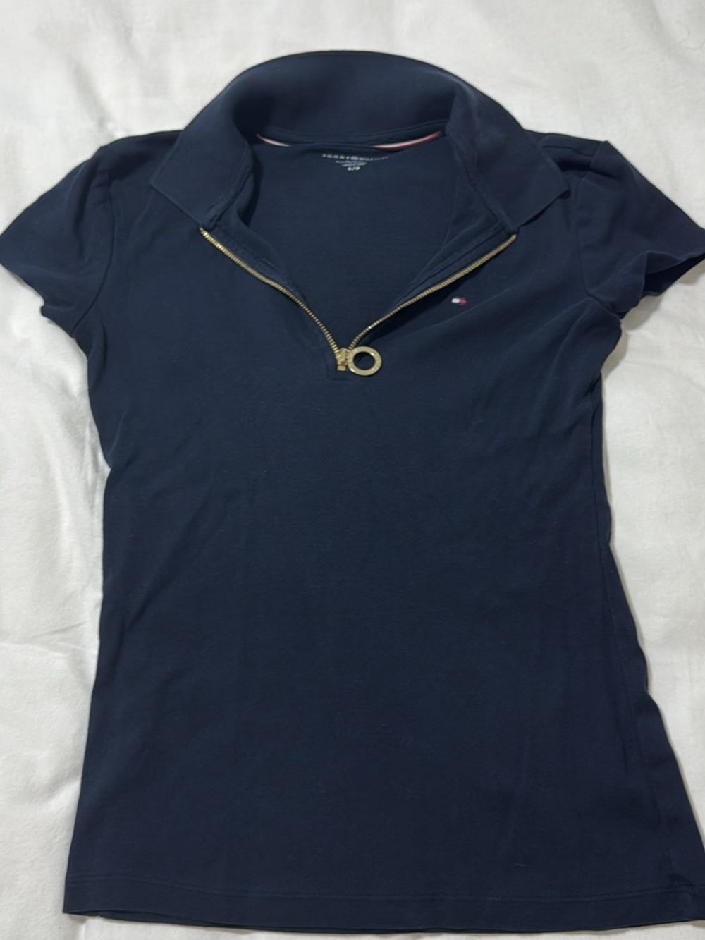 Tommy Hilfiger Navy Short-Sleeve Zip Polo with Gold Ring Pull